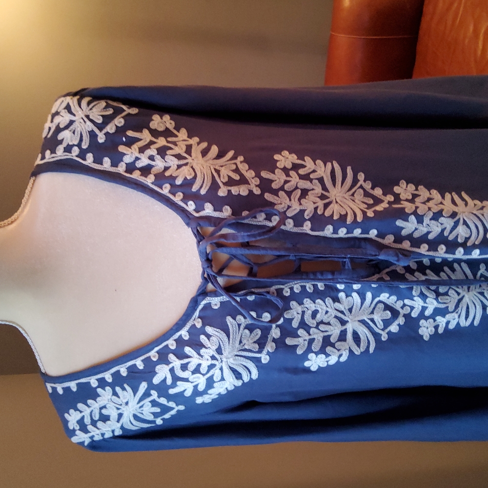Women's Navy Blue Embroidered Maxi Dress with Tie Front